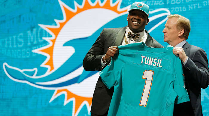 Tunsil fell to 13, where the Dolphins tabbed him.